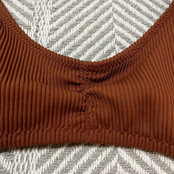 Aerie Swimsuit Top Clay Rust Ribbed Round Scoop Neck Bikini Lightly Padded Sz M - Picture 2 of 10